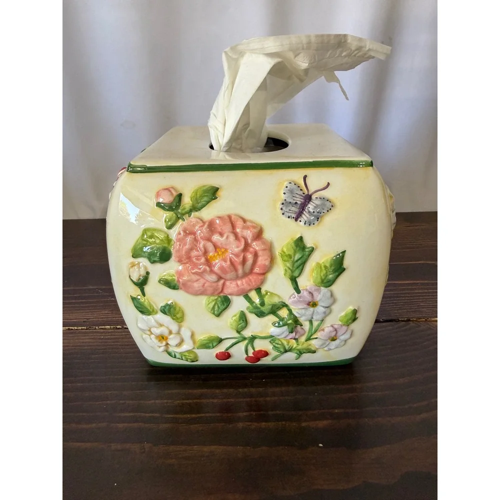 VTG Pamela Gladding Floral Ceramic Tissue Box Cover Butterfly